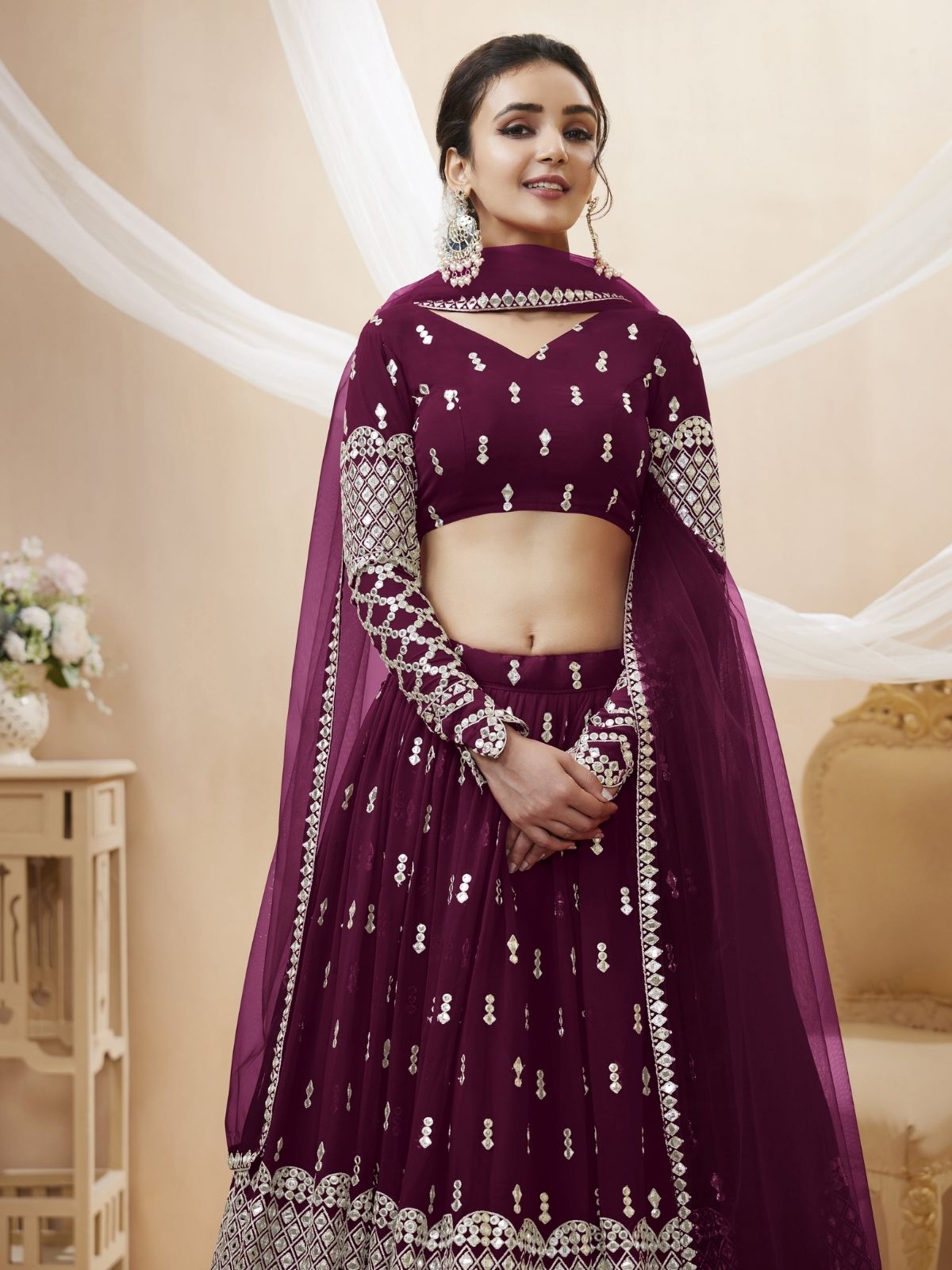 Odette Wine Georgette Embroidered Semi Stitched Lehenga With Unstitched Blouse For Women