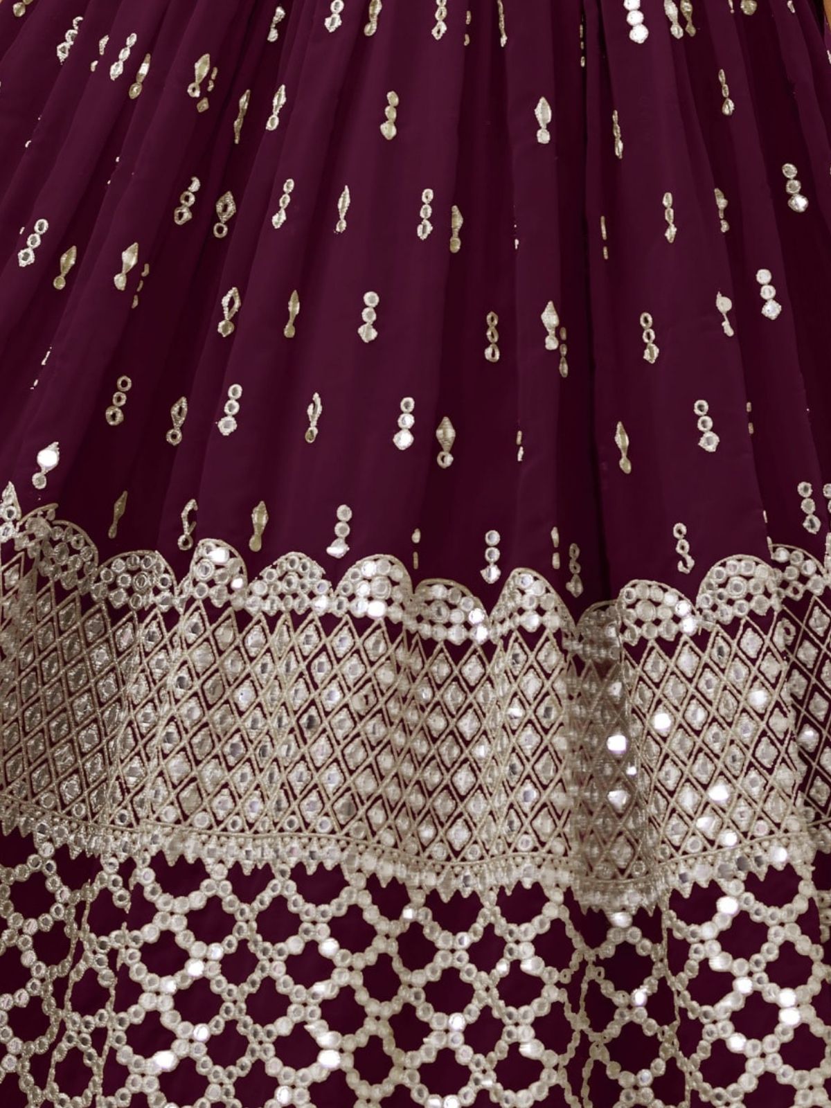 Odette Wine Georgette Embroidered Semi Stitched Lehenga With Unstitched Blouse For Women