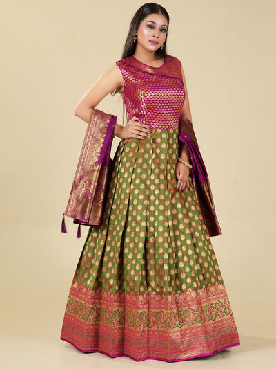 Odette Women Olive Green Banarasi Silk Woven Stitched Gown