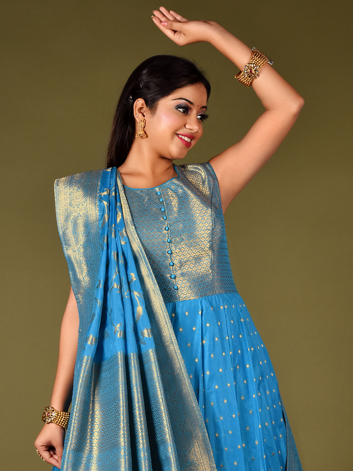 Odette Women Light Blue Banarasi Silk Woven Stitched Gown
