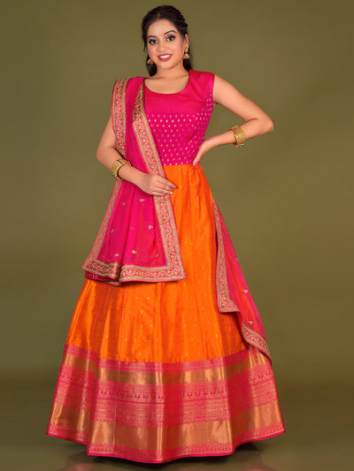 Odette Women Orange Banarasi Silk Woven Stitched Gown