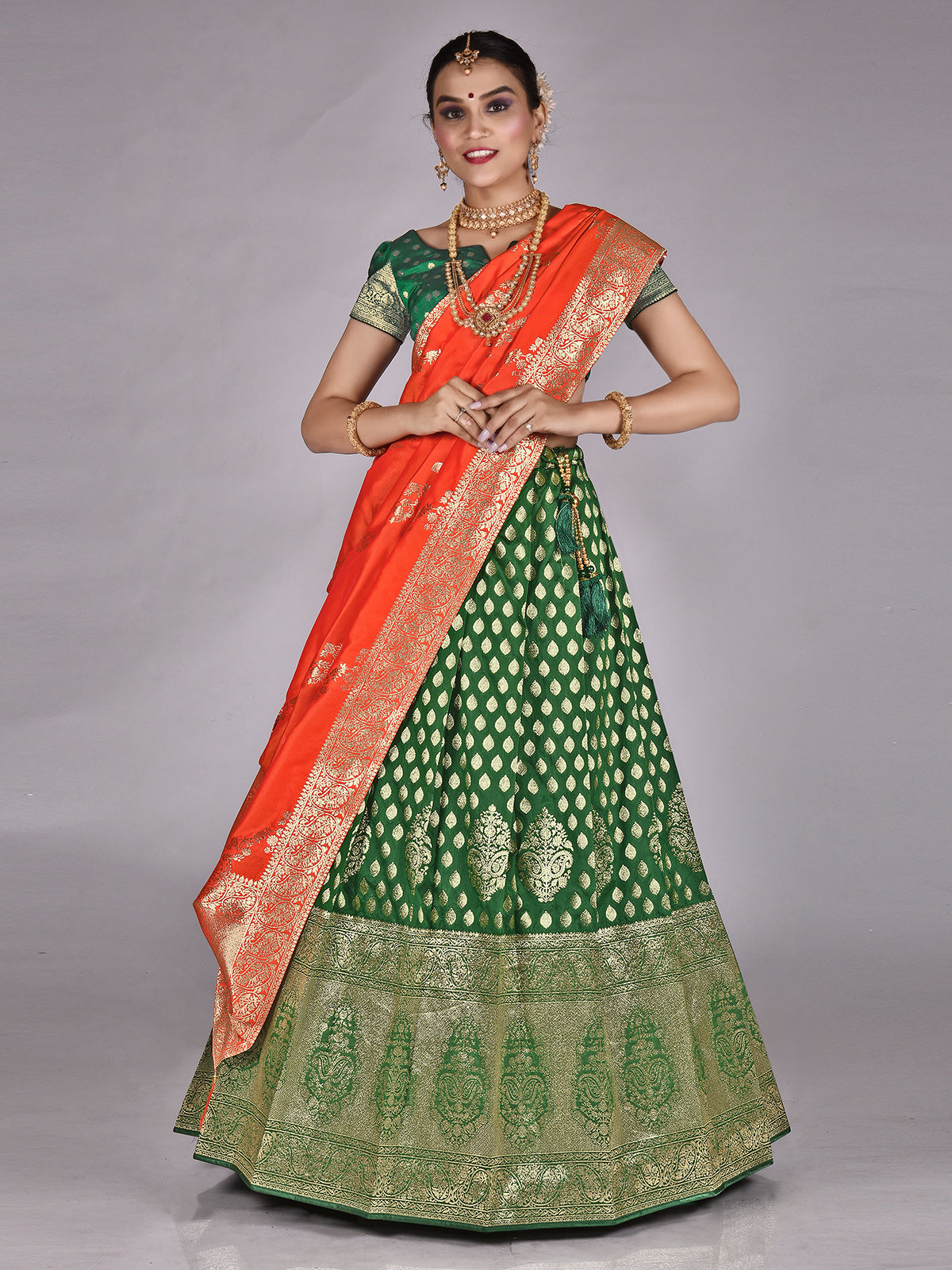 Odette Women Green Silk Woven Semi Stitched Lehenga With Unstitched Blouse