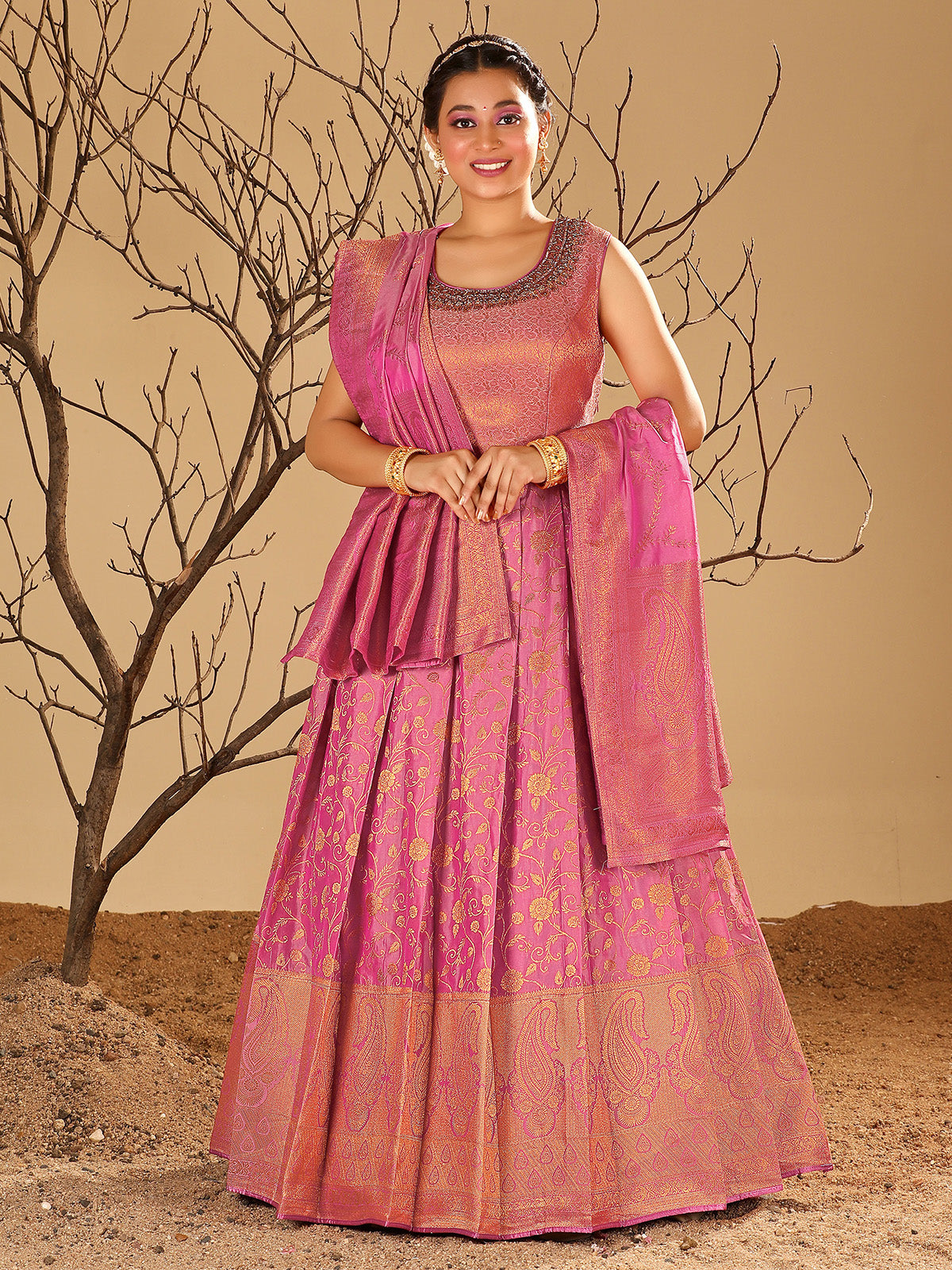 Odette Women Pink Banarasi Silk Woven Stitched Gown