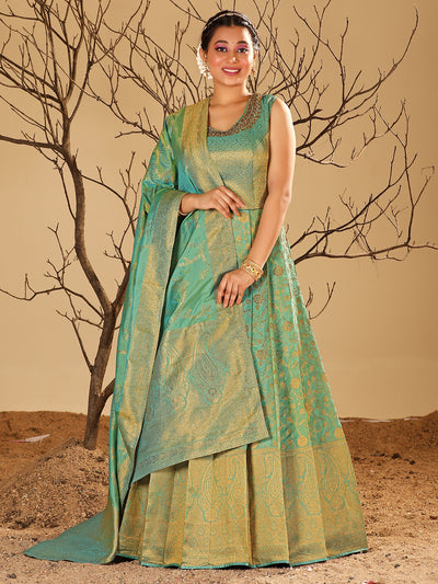 Odette Women Sea Green Banarasi Silk Woven Stitched Gown