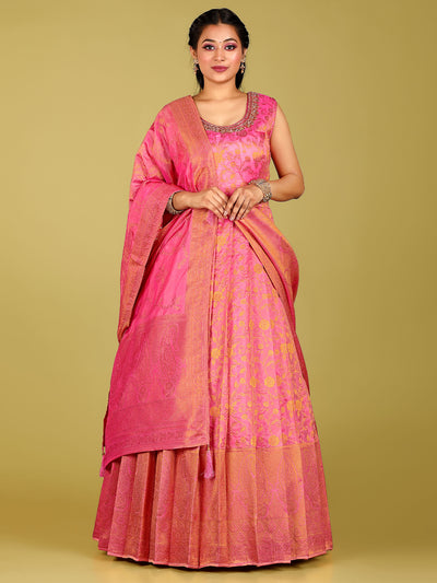 Odette Women Pink Banarasi Silk Woven Stitched Gown