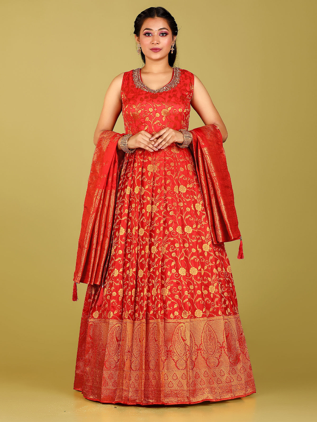 Odette Women Red Banarasi Silk Woven Stitched Gown