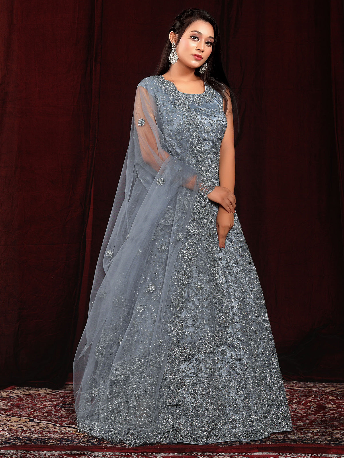 Grey Taffeta and Net Gown Adorned with Cut Dana and Net