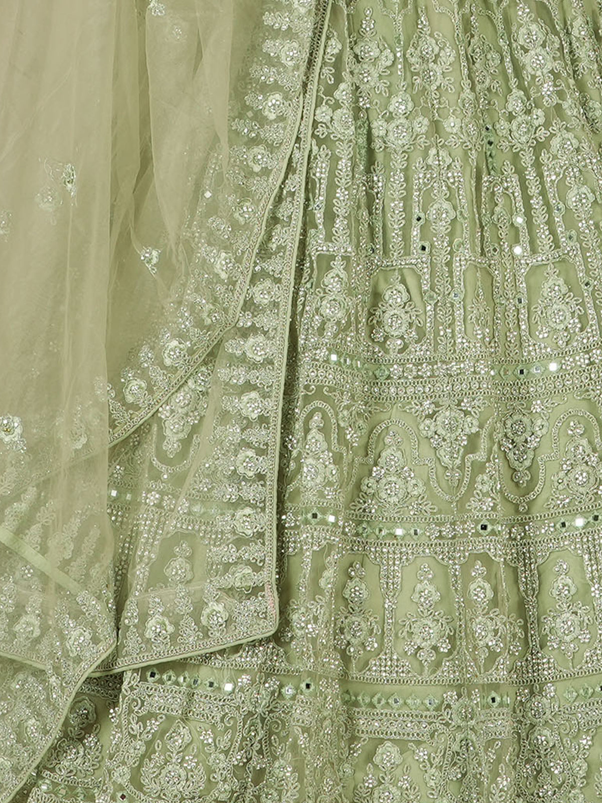 Odette Women Green Net Embroidered Semi Stitched Lehenga With Unstitched Blouse