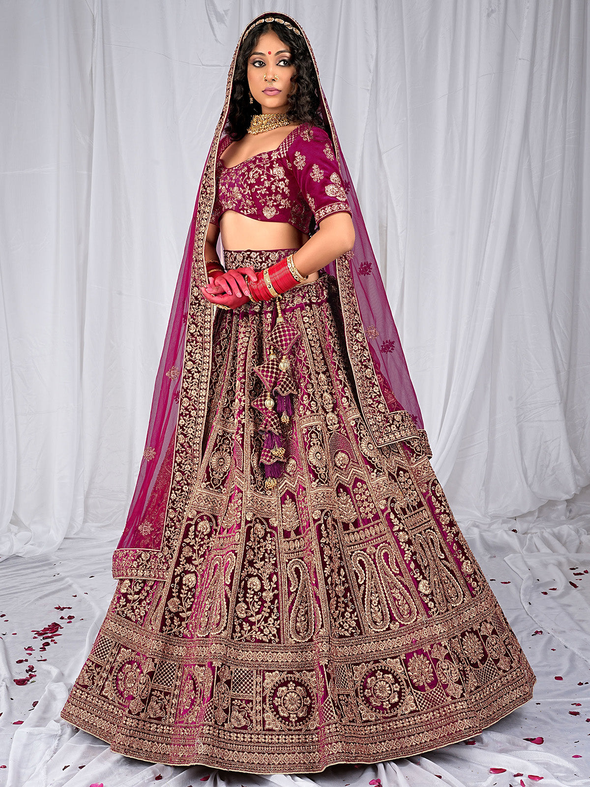 Odette Women Purple Velvet Embroidered Semi Stitched Lehenga With Unstitched Blouse