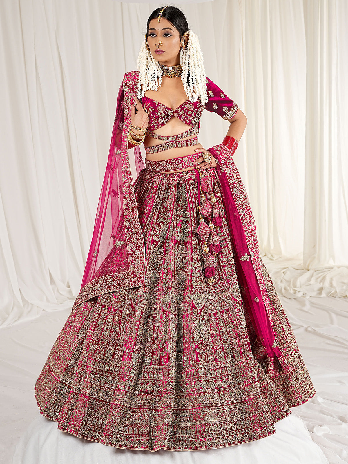 Odette Women Pink Velvet Embroidered Semi Stitched Lehenga With Unstitched Blouse