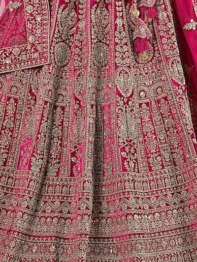 Odette Women Pink Velvet Embroidered Semi Stitched Lehenga With Unstitched Blouse