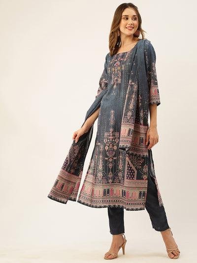 Odette Women Blue Printed Cotton Stitched Kurta Set