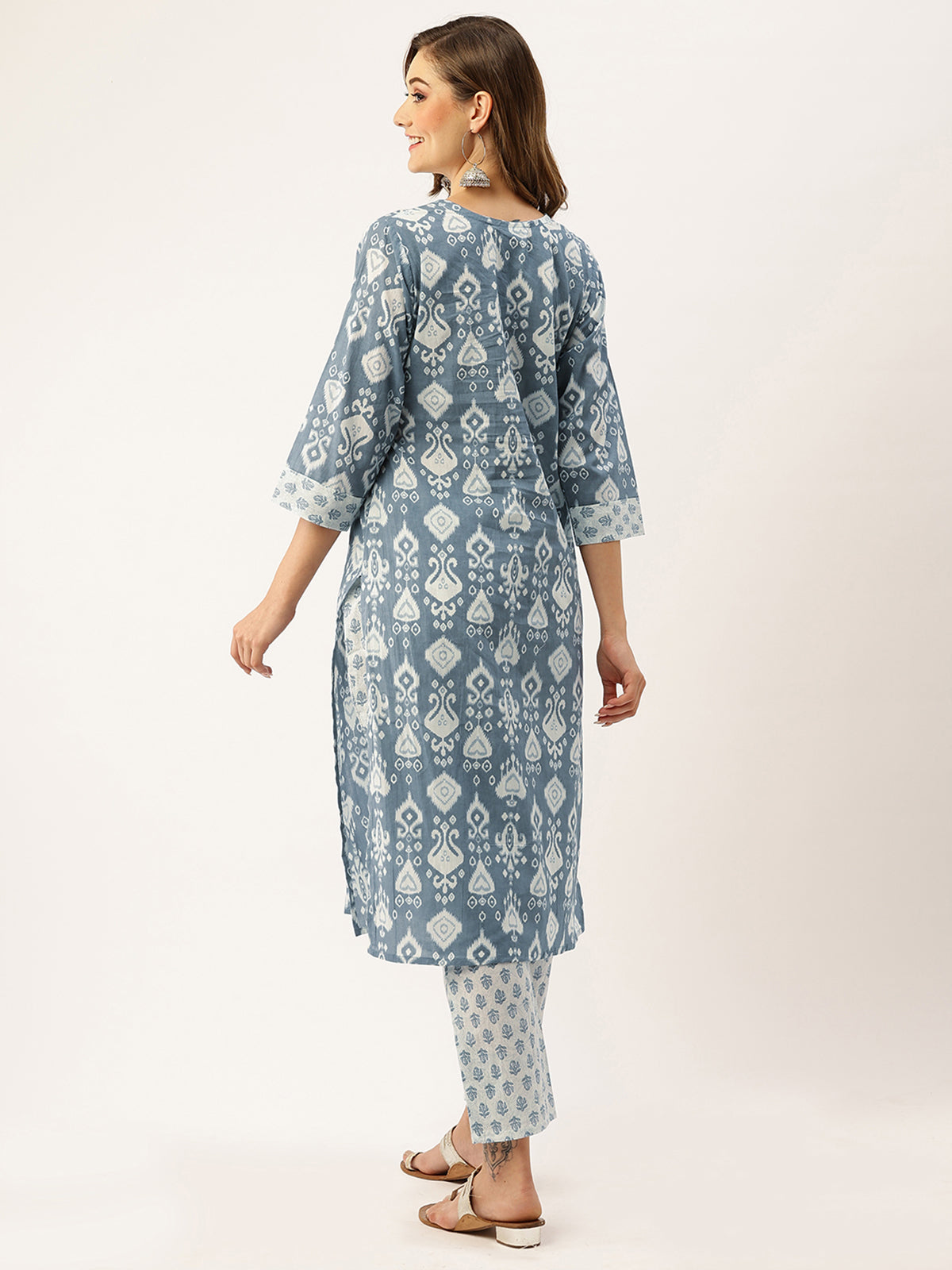 Odette Cotton All Over Ikat Print Blue Straight Stitched Kurta Set For Women