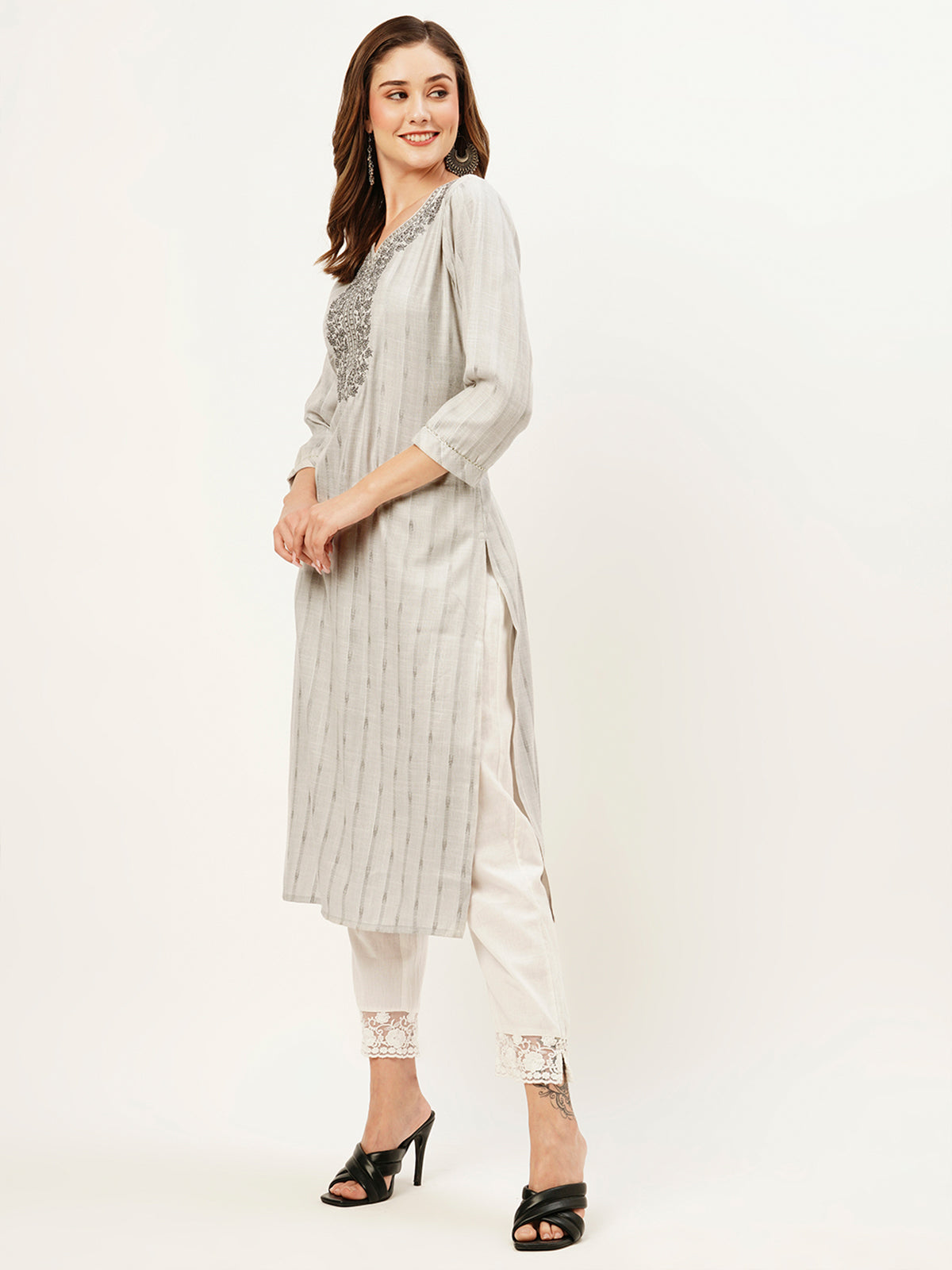 Odette Cotton All Over Yarn Dyed Grey Straight Kurta For Women