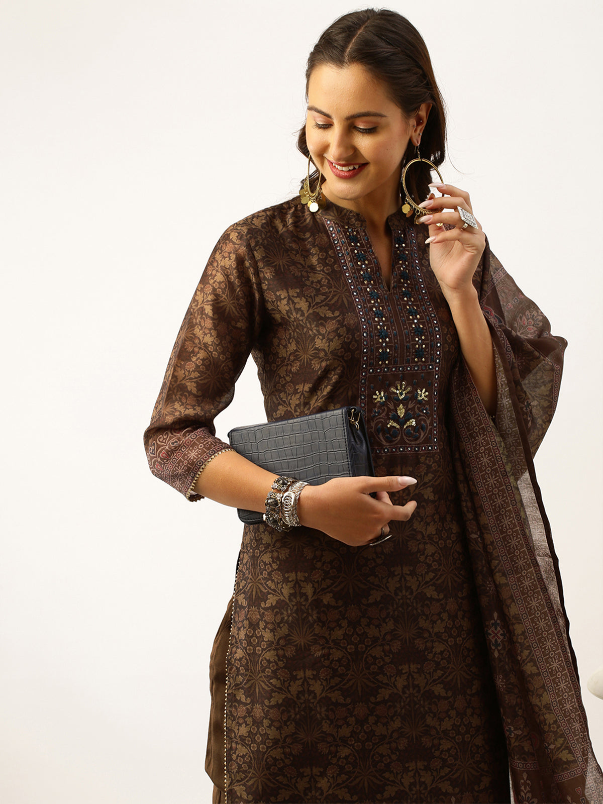 Odette Chanderi Silk All Over Jaipuri Print Brown Straight Stitched Kurta Set With Dupatta For Women