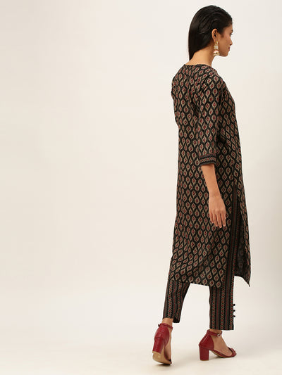 Odette Women Black Printed Rayon Stitched Kurta Set