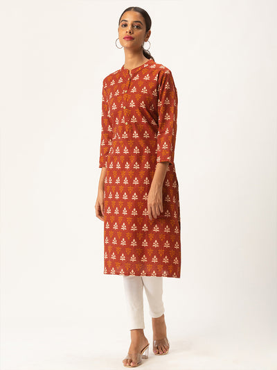 Red Cotton Blend Straight Printed Stitched Kurta