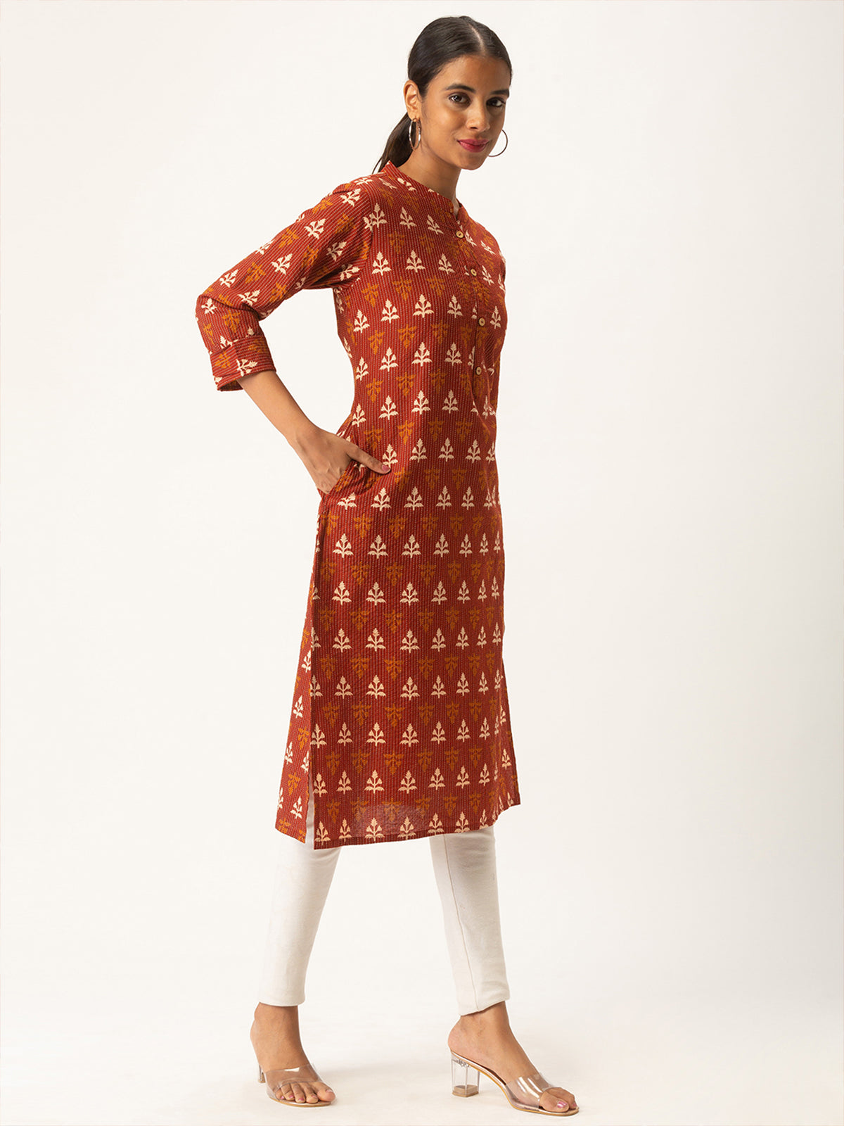 Red Cotton Blend Straight Printed Stitched Kurta