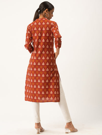 Red Cotton Blend Straight Printed Stitched Kurta