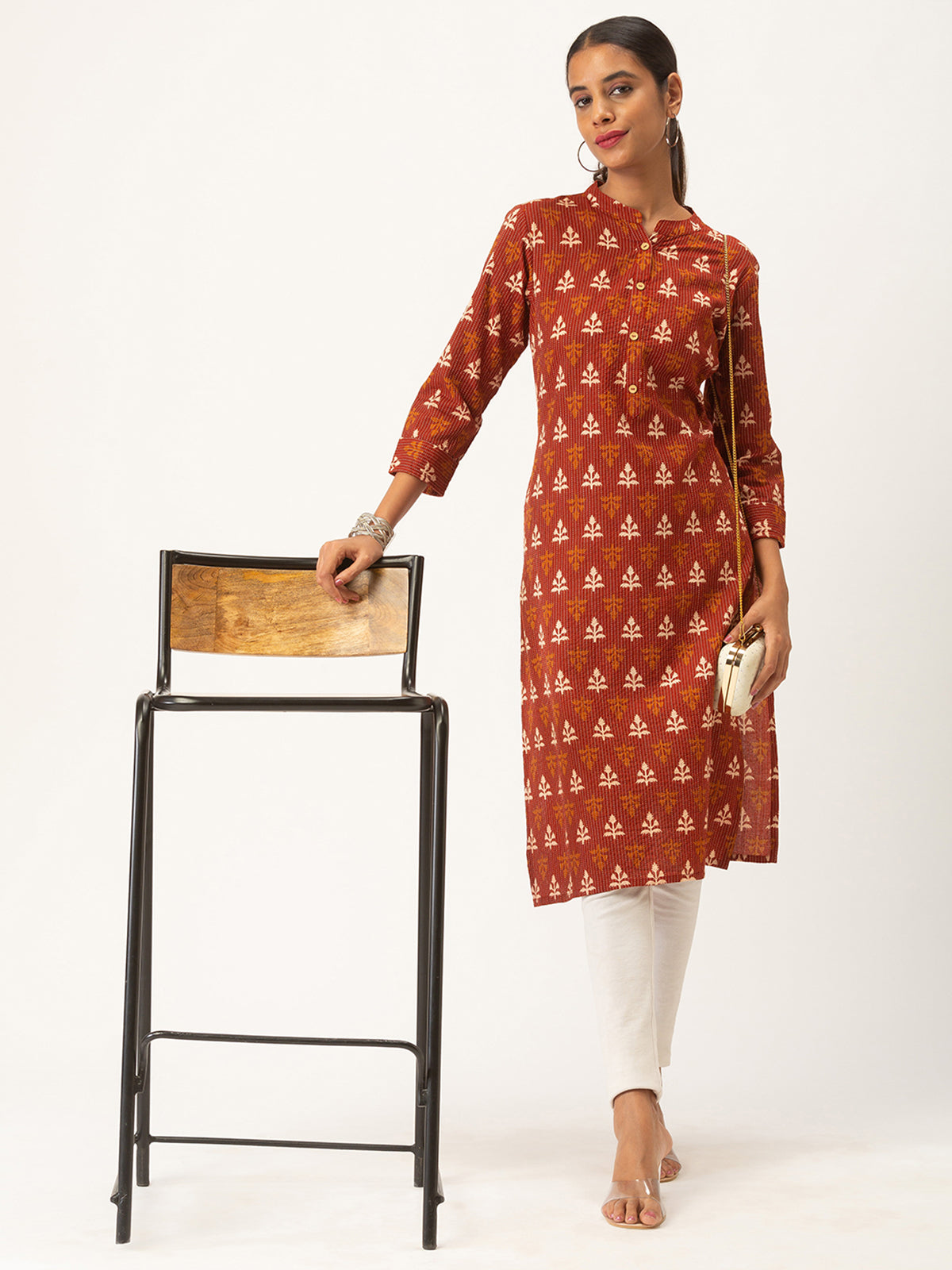 Red Cotton Blend Straight Printed Stitched Kurta