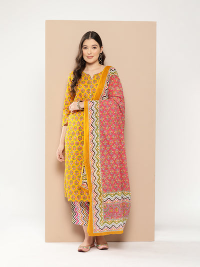 Odette Yellow Cotton Stitched Kurta Set for Women