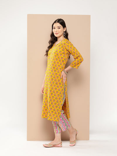 Odette Yellow Cotton Stitched Kurta Set for Women