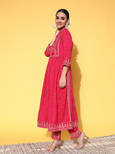 Odette Pink Rayon Stitched Kurta Set for Women