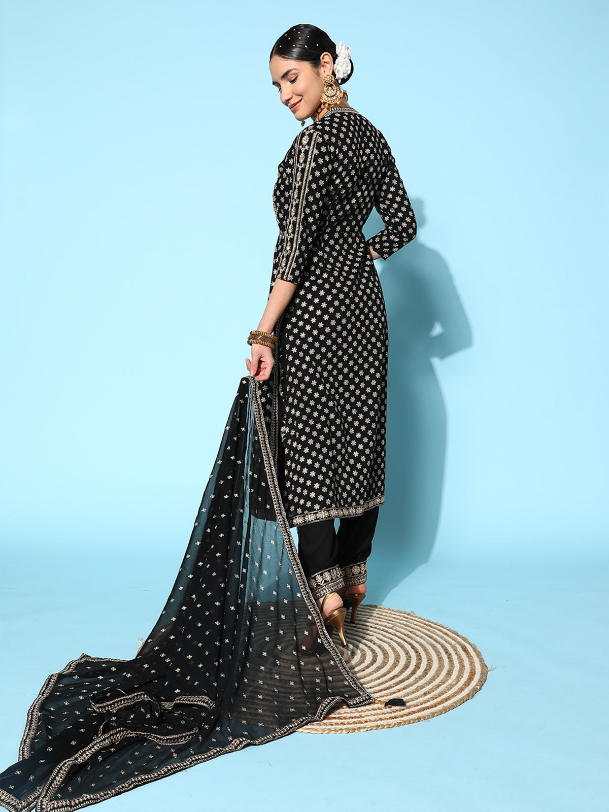 Odette Black Rayon Stitched Kurta Set for Women