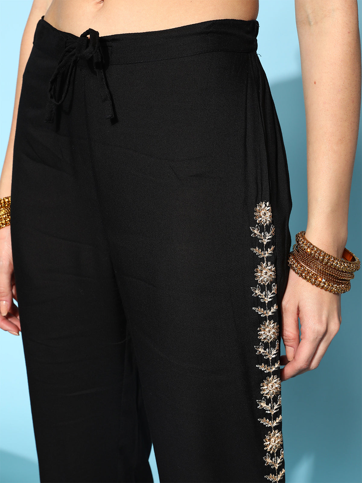 Odette Black Rayon Stitched Kurta Set for Women