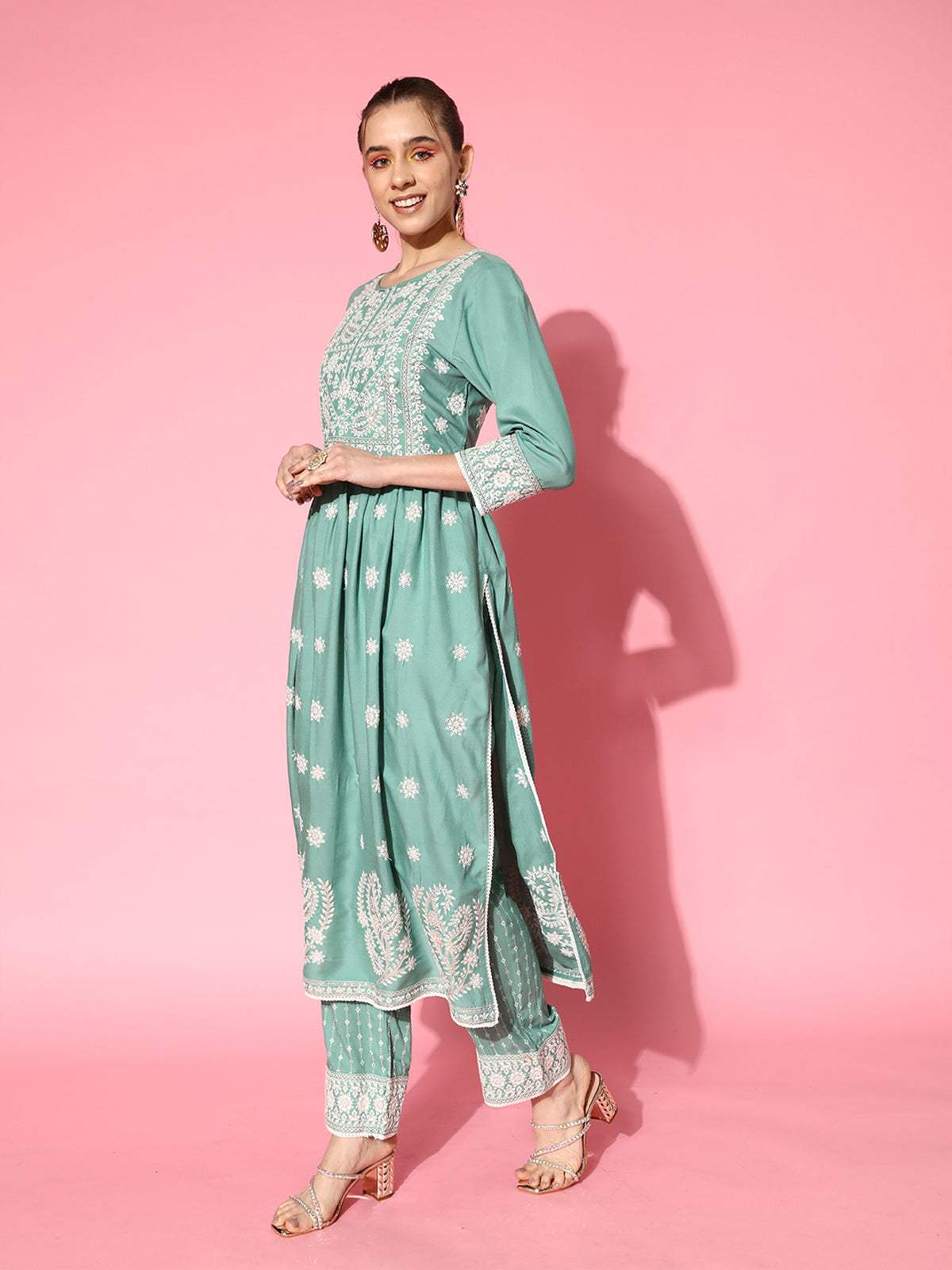 Odette Sea Green Rayon Stitched Kurta Set for Women