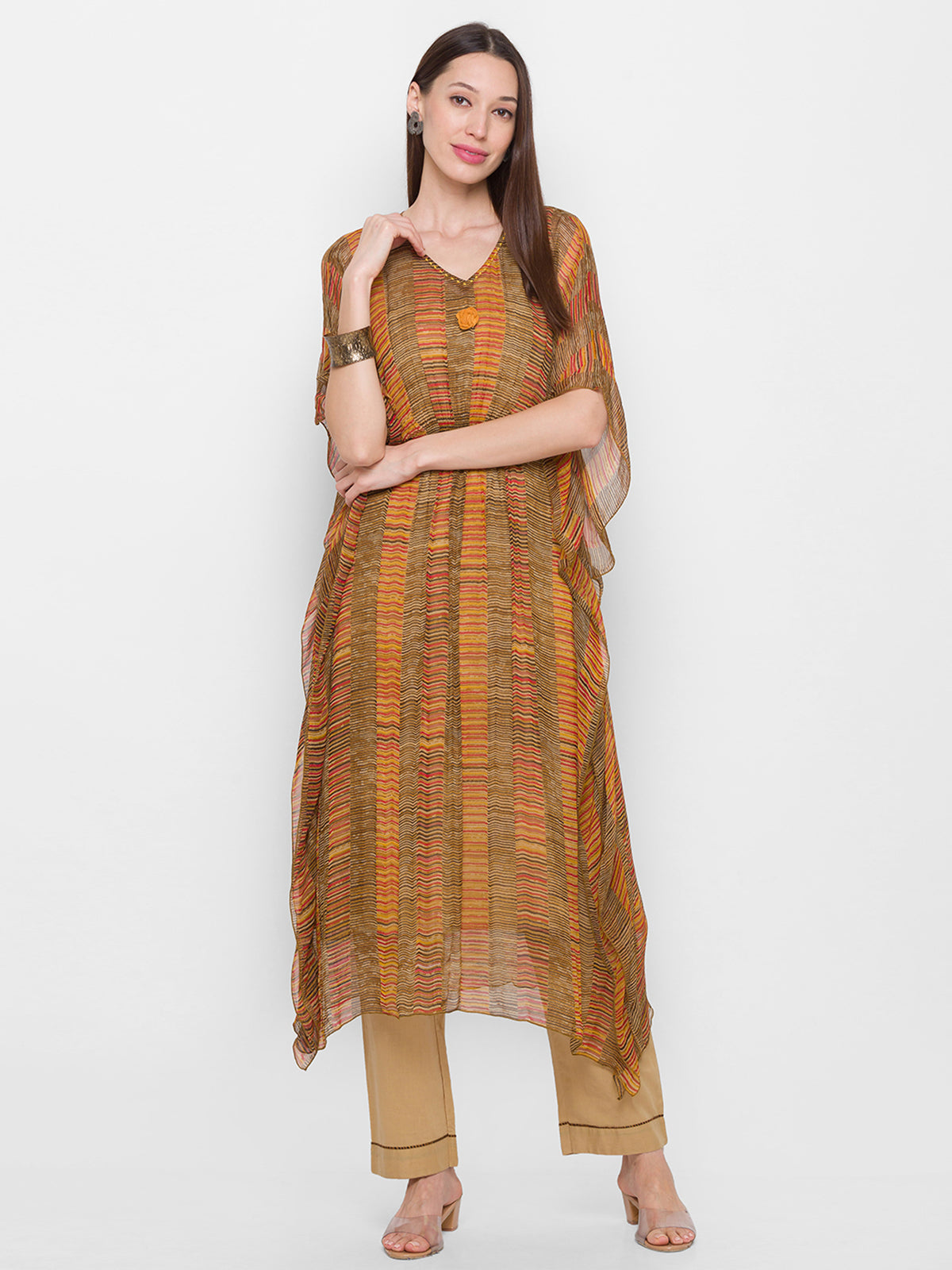 Odette Multi Viscose Stitched Kaftan Set for Women