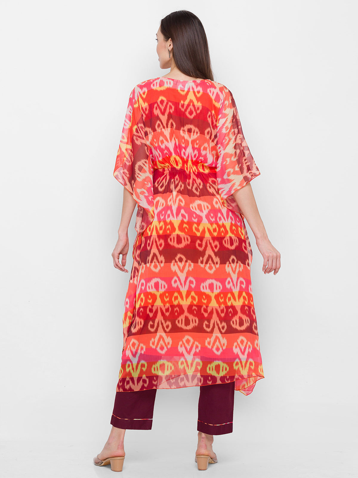 Odette Peach Chiffon Stitched Kaftan Set for Women