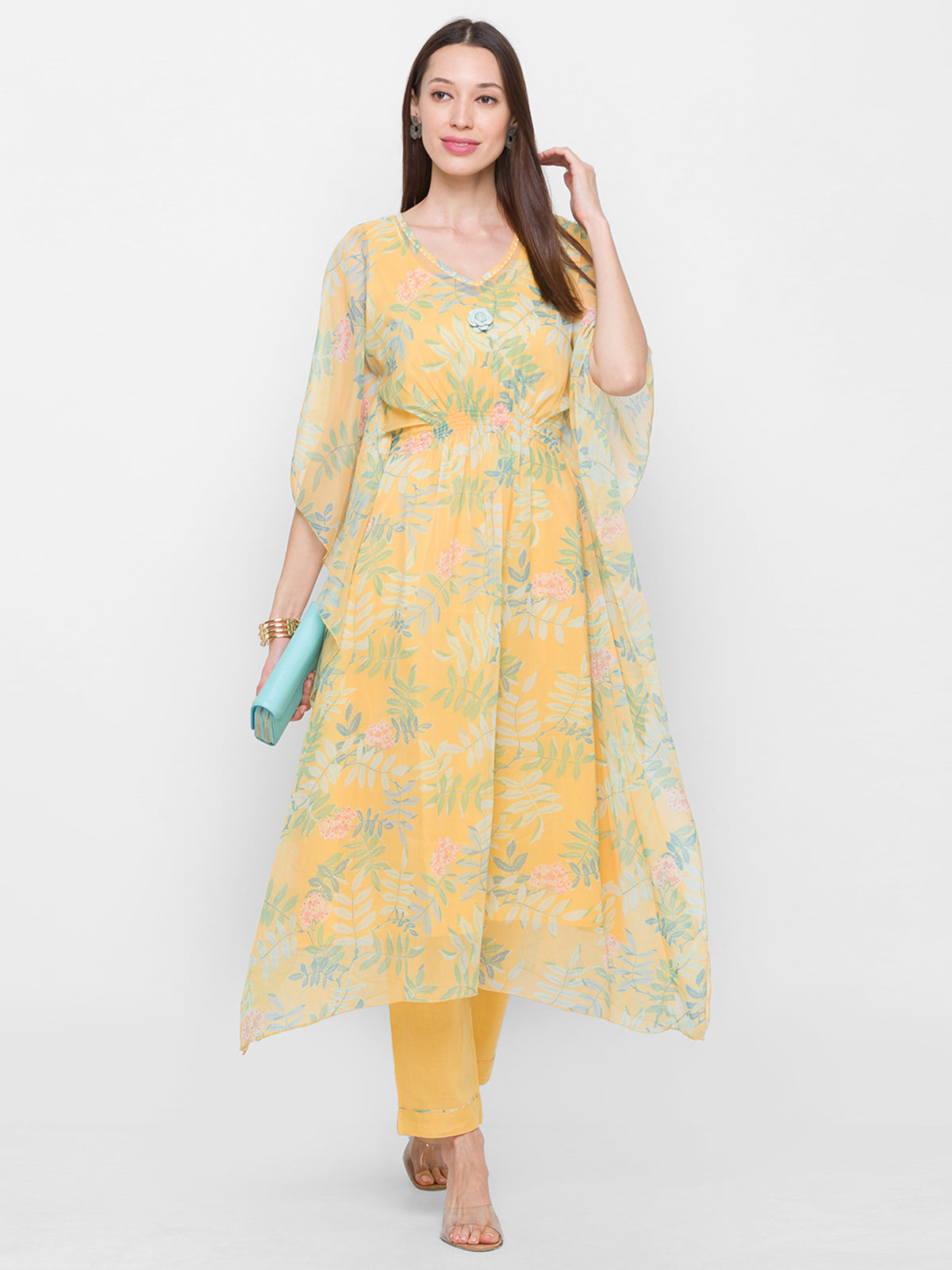 Odette Lemon Chiffon Stitched Kaftan Set for Women