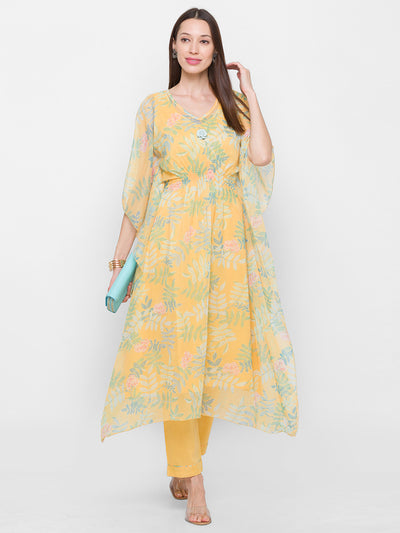 Odette Lemon Chiffon Stitched Kaftan Set for Women