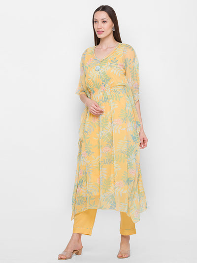 Odette Lemon Chiffon Stitched Kaftan Set for Women