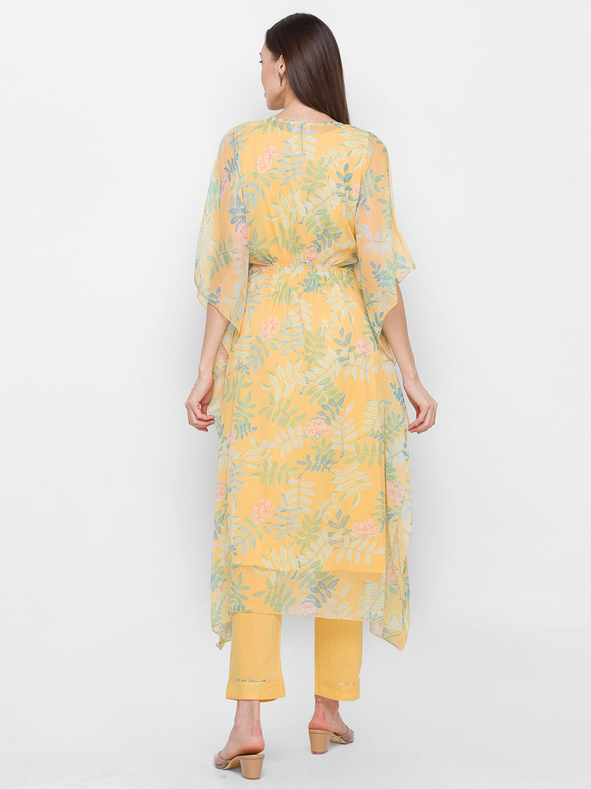 Odette Lemon Chiffon Stitched Kaftan Set for Women