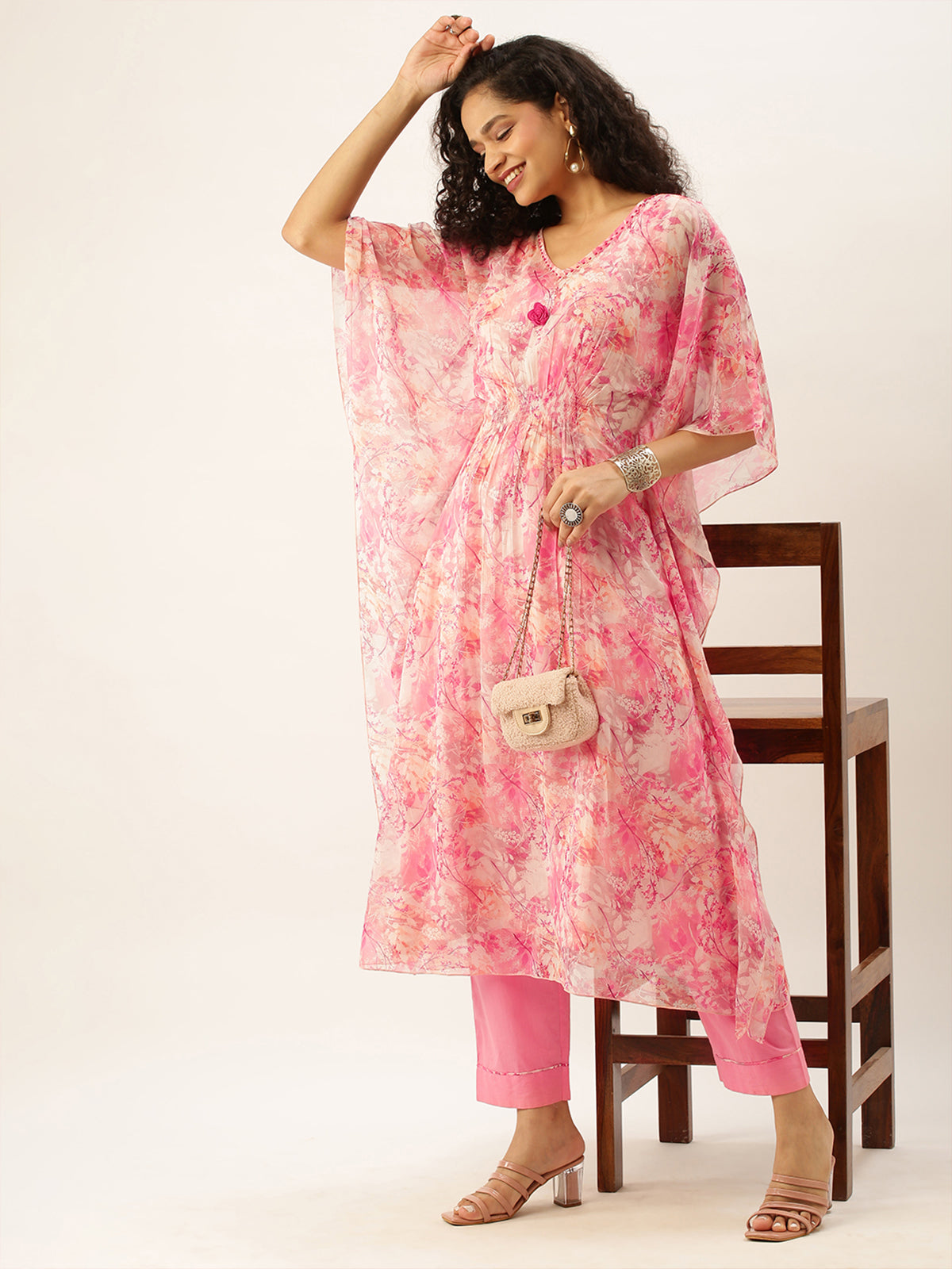 Odette Pink Georgette Stitched Kaftan Set with Inner for Women