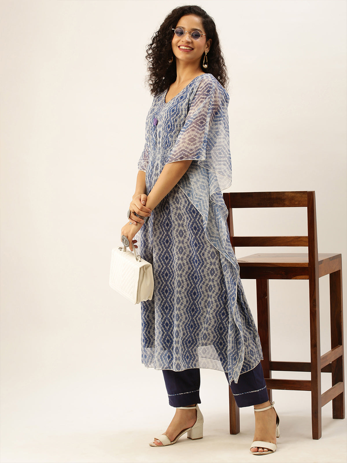 Odette Blue Georgette Stitched Kaftan Set with Inner for Women