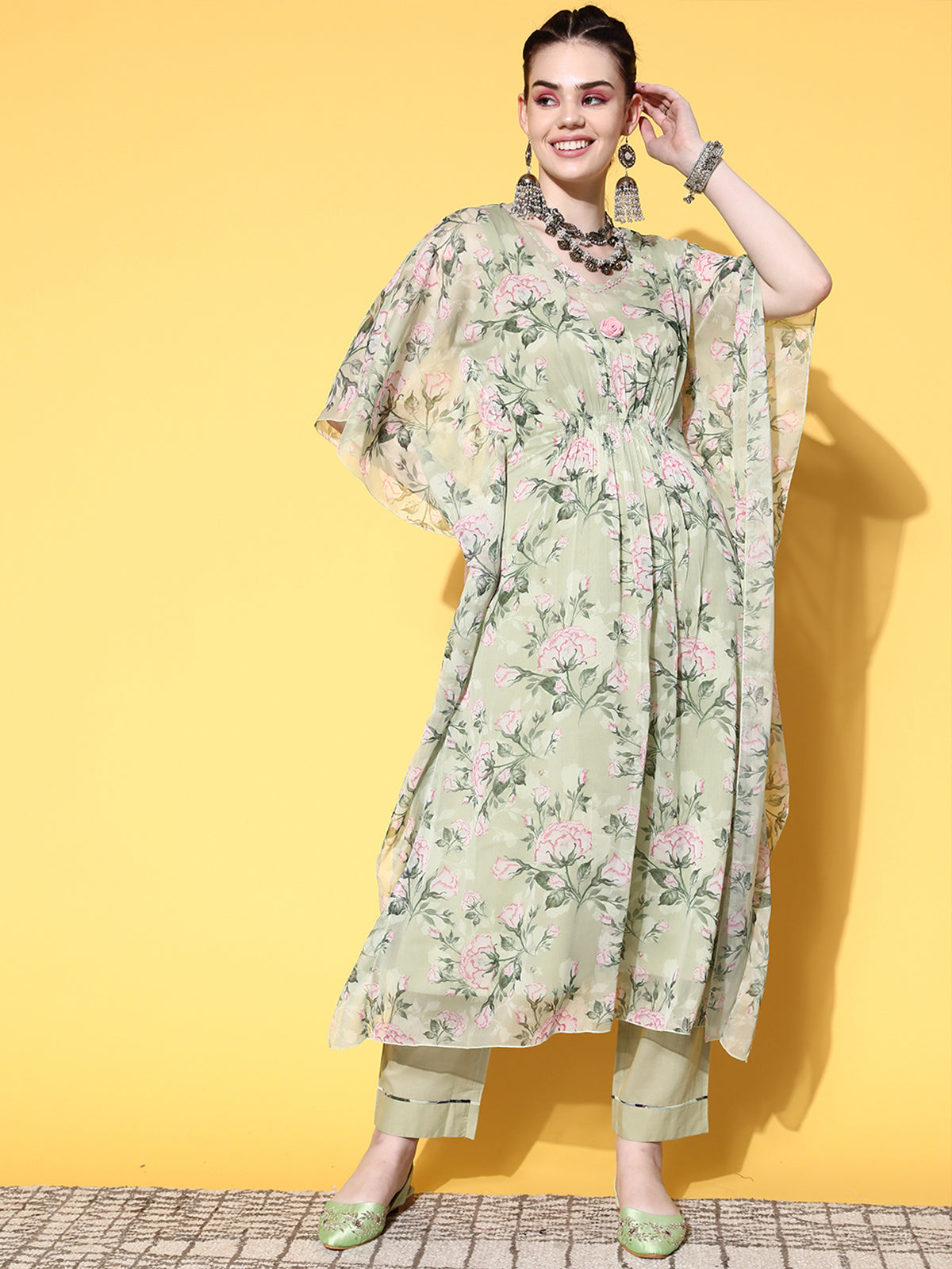Odette Green Georgette Silk Stitched Kaftan Set for Women