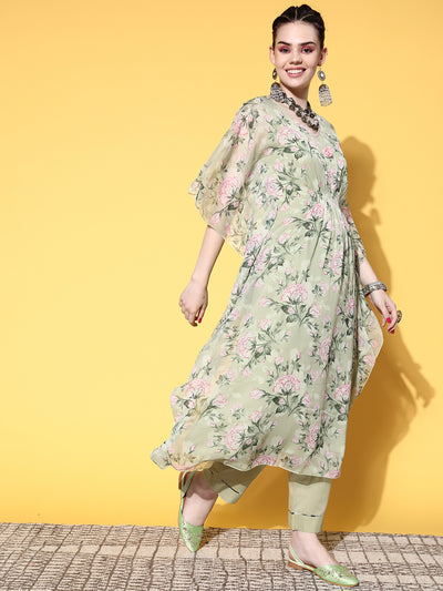 Odette Green Georgette Silk Stitched Kaftan Set for Women