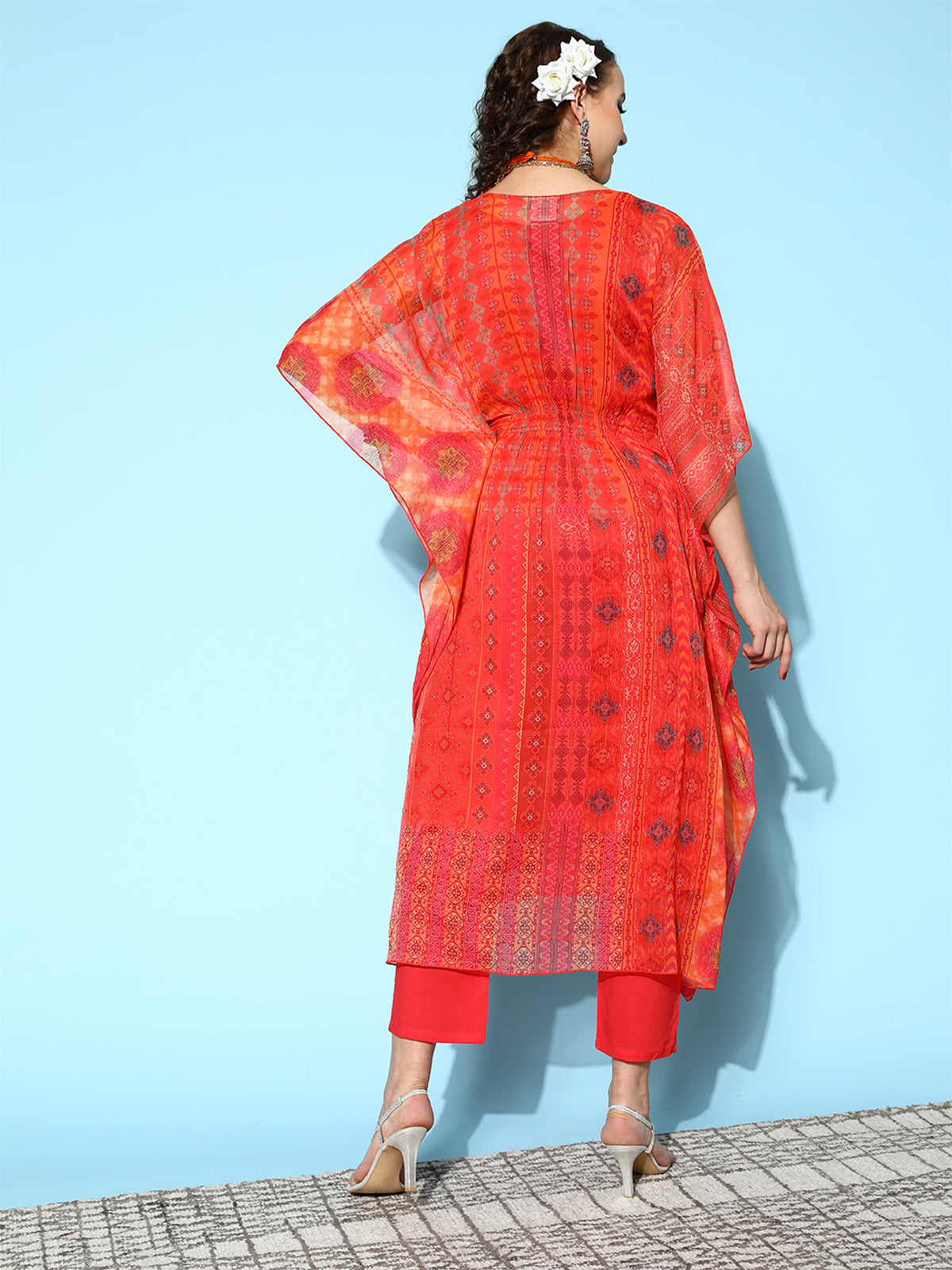 Odette Orange Chiffon Stitched Kaftan Set for Women