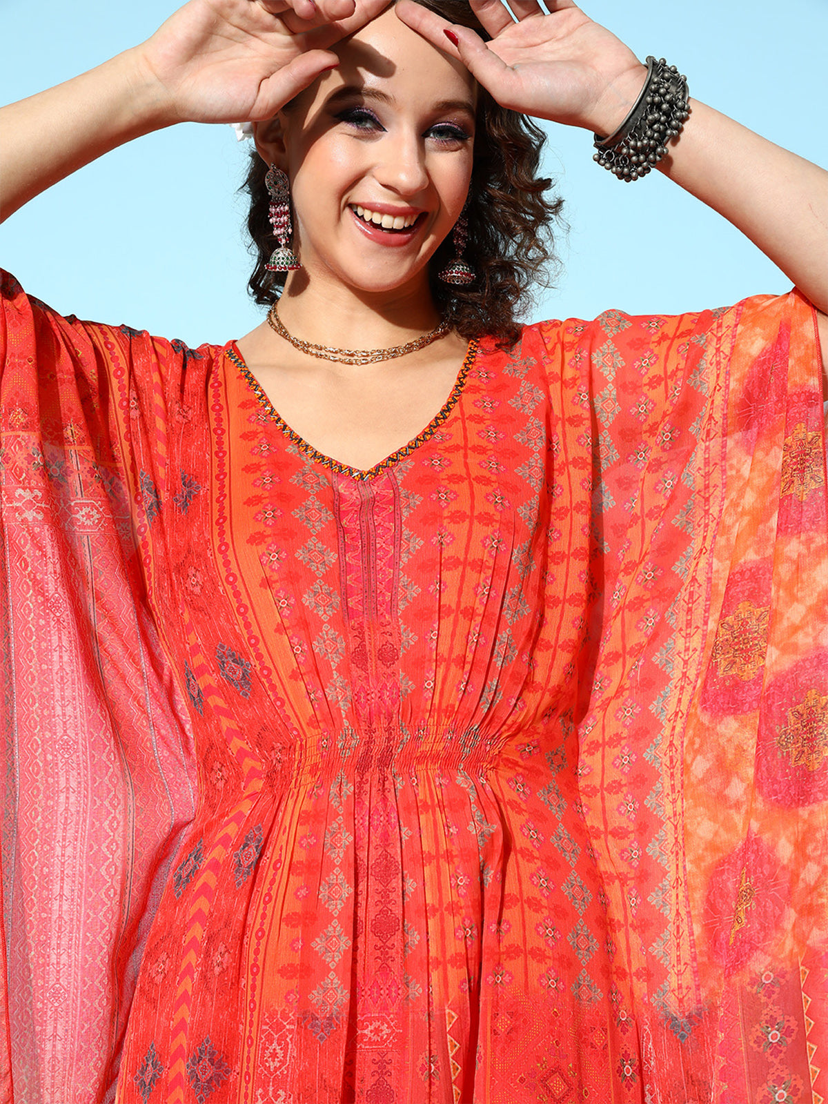 Odette Orange Chiffon Stitched Kaftan Set for Women