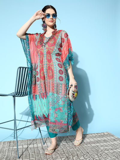 Odette Sea Green Chiffon Stitched Kaftan Set for Women