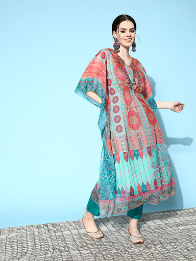 Odette Sea Green Chiffon Stitched Kaftan Set for Women