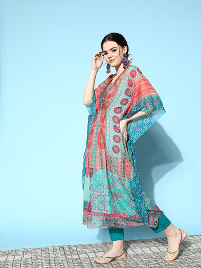 Odette Sea Green Chiffon Stitched Kaftan Set for Women