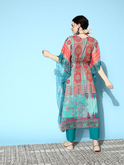 Odette Sea Green Chiffon Stitched Kaftan Set for Women