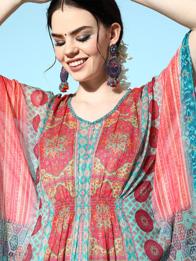 Odette Sea Green Chiffon Stitched Kaftan Set for Women