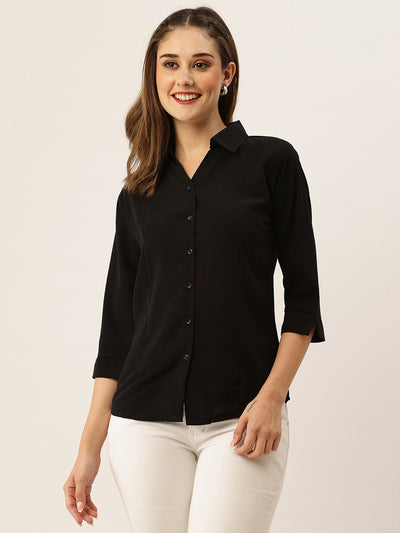 Odette Black Synthetic Solid Stitched Shirt For Women
