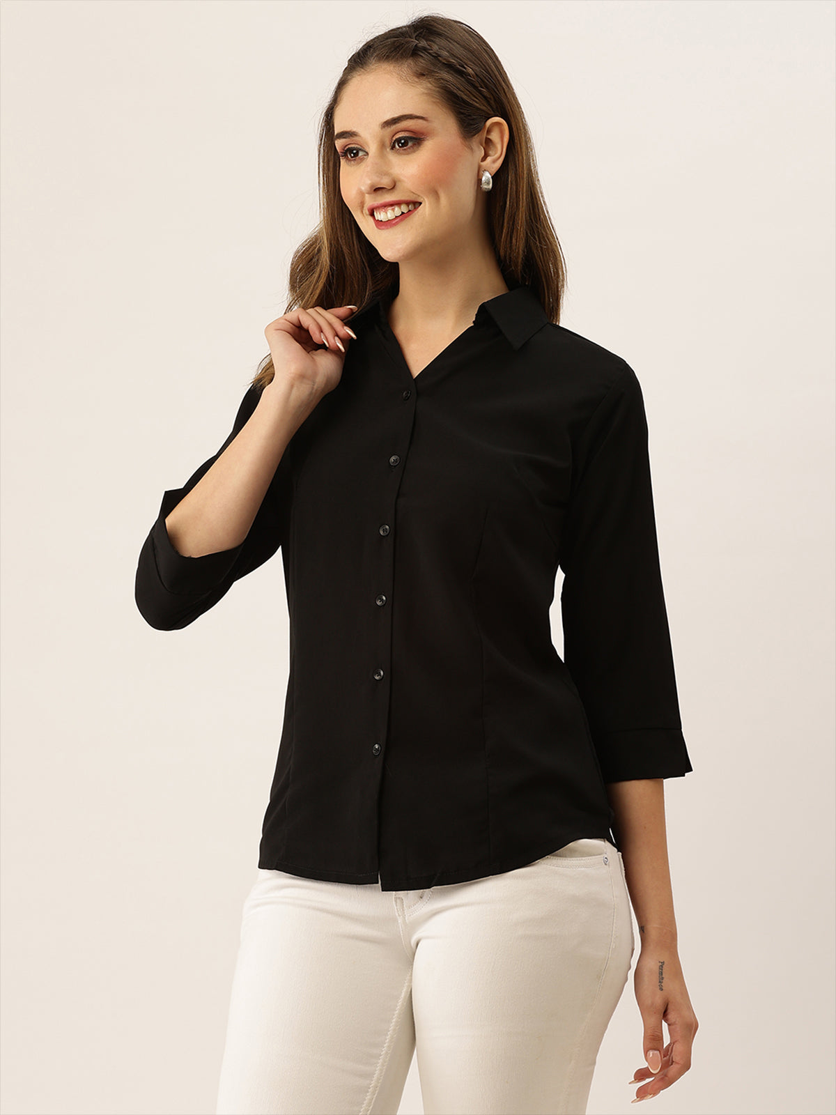 Odette Black Synthetic Solid Stitched Shirt For Women