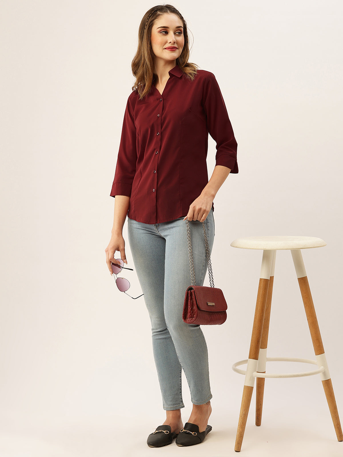 Odette Maroon Synthetic Solid Stitched Shirt For Women